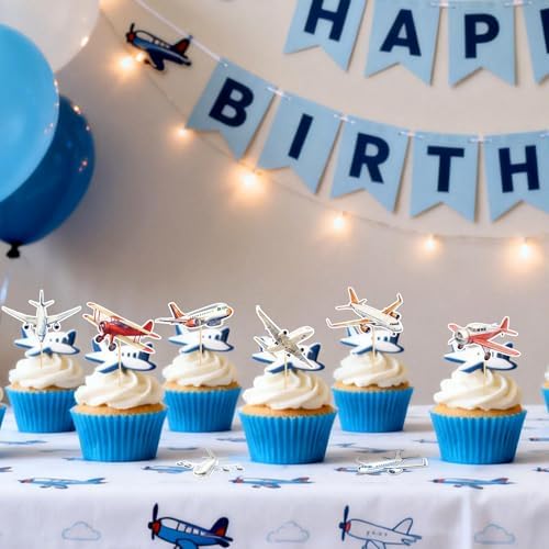Hooqict 40Pcs Airplane Cupcake Toppers Airplane Birthday Cake Topper Decorations Cupcake Picks for Plane Themed Party Decorations Travel Around the World Party Supplies