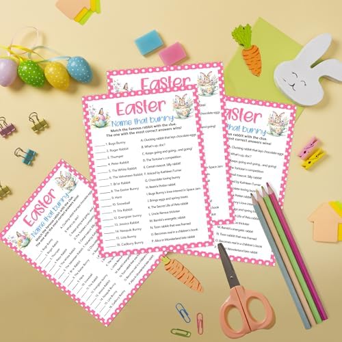 Easter Games for Adults and Kids, Easter Bunny Clues Game Cards, Cute Family Feud Trivia Game for Family Friends, Holiday Party Games for Activities Party Decorations Supplies, 5x7 Inch-A04