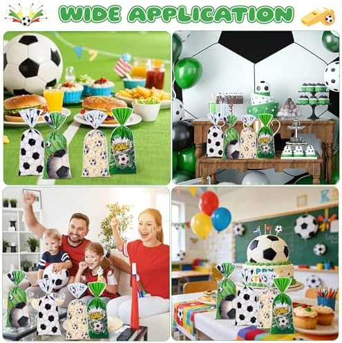 50 Pcs Soccer Cellophane Treat Bags - 5" x 11" Sports Themed Goodie Bags with 60 Gold Twist Ties, 4 Adorable Soccer Designs Clear Candy Bags for Soccer Birthday Party Favors, Team Celebration