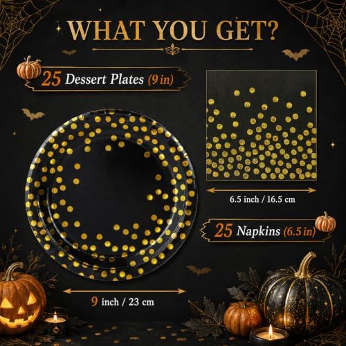50 Pcs Black and Gold Dot Paper Plates and Napkins Set Serves 25