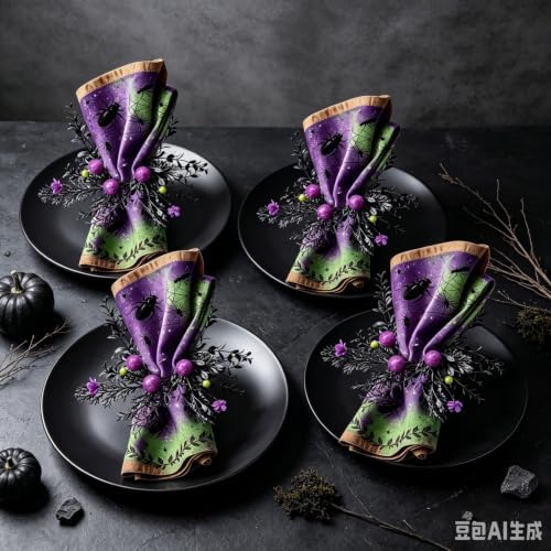 12 Pcs Halloween Spooky Beetle Spider Napkin Rings Artificial Black Foliage Purple Glitter Ball Green Bead Purple Flower Wreath Napkin Ring Holder Buckles for Halloween Gothic Dinner Haunted House