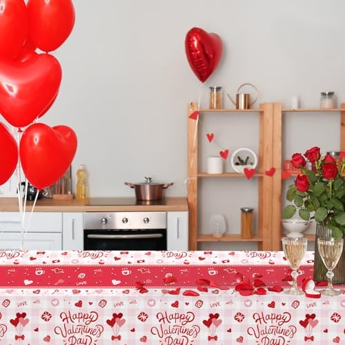 3-Piece 54 x 108 Inch Valentine’s Day Plastic Tablecloth – Red and White Disposable Rectangle Table Covers for Romantic Dinners, Parties, and Celebrations