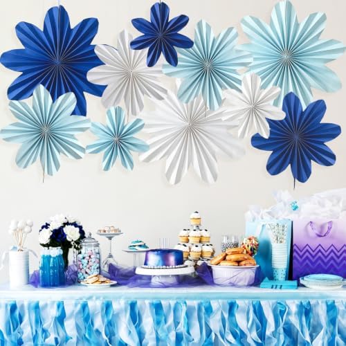 Blue Paper Flowers Navy Blue White Hanging Paper Fans 10Pcs