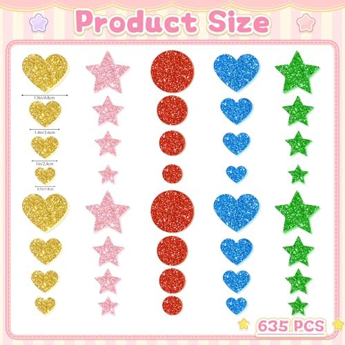 855Pcs Foam Stickers Glitter 3D Star Foam Shapes Stickers Self Adhesive Circle Star Heart Foam Stickers for DIY Crafts Scrapbooking Classroom Arts Project Home Theme Party Decor(Heart&Star&Circle)
