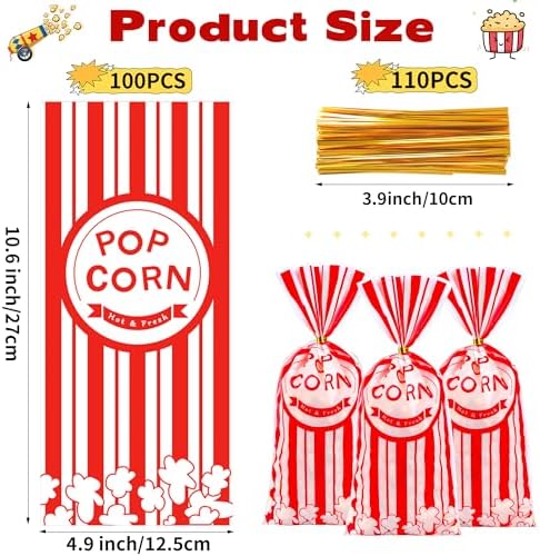 ZYLOP 100 Pcs Popcorn Treat Bags - 5" x 11" Red and White Striped Cellophane Candy Bags for Carnival Circus Theme Party, 100 Pcs Popcorn Goodie Bags with 60 Gold Twist Ties for Birthday, Movie Night