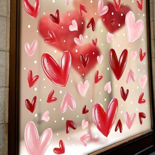 JarThenaAMCS Extra Large Valentine's Day Window Clings Window Stickers Pink Red Heart White Dot Double-Sided Glass Decals for Wedding Anniversary Party Wall Decor, 6 Sheets