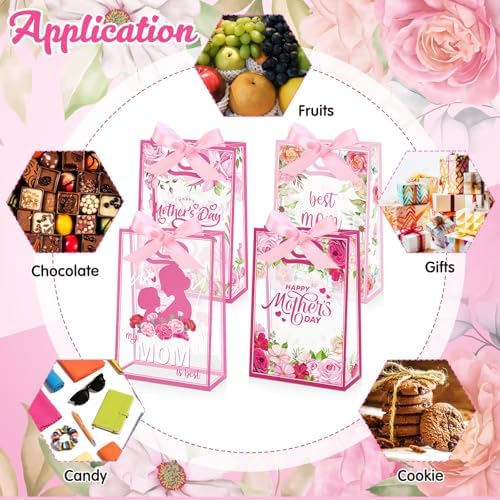 Capoda 24 Pack Mother's Day Bags with Handles, Large Floral Reusable PP Plastic Goodie Bags, Pink Rose Party Favor Bag for Mom Brunch, Classroom, Church, Candy Treats & Small Gifts