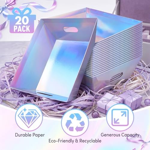 AFOROEOA 20 Pack Iridescent Gift Baskets Empty, 10x8 Thick Paper Basket with 20 Clear Bags and 20 Pull Bows, Holographic Gift Baskets for Bridal Birthday Party Bulk Wrapping
