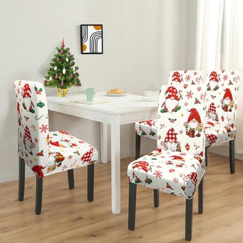 Christmas Chair Covers Set of 4, Winter Gnome Snowflake Holly Chair Protectors, Elastic Removable Washable Dining Chair Covers for Winter Christmas Kitchen Dining Room Holiday Decor