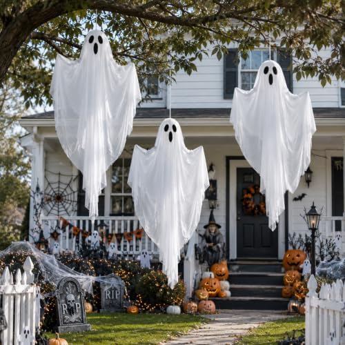 4 FT Halloween Hanging Ghost Decorations with 50 LED Lights, Light Up White Ghost Outdoor Decor with Timer & 8 Lighting Modes, Hanging Halloween Ghost for Front Porch, Yard, Patio, Garden & Party