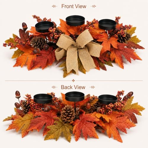 Fall Candle Holder Centerpiece with Maple Leaves, Pinecones, Berries & Burlap Bow,Thanksgiving Table Centerpiece Decoration for Dining Table, Mantel & Autumn Harvest Home Décor