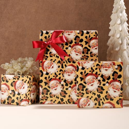 LaRibbons Christmas Santa Wrapping Paper, Vintage Santa on Cheetah Print