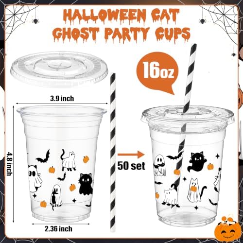 FillTouch 50 Pcs Halloween Cat Ghost Cups 16 oz with Lids Straws