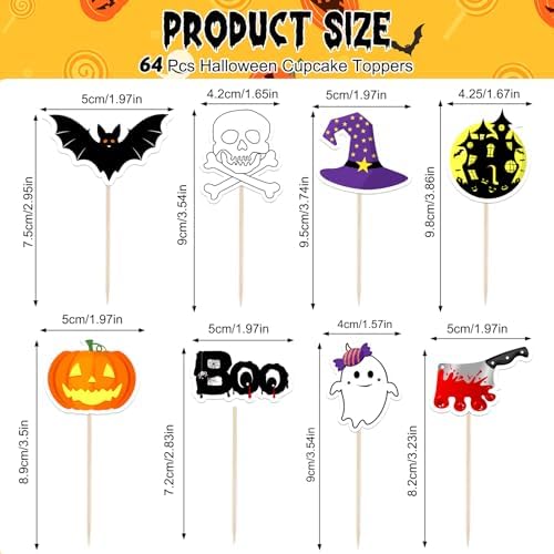 NEBURORA 64 Pcs Halloween Cupcake Toppers Pumpkin Bat Ghost Boo Cake Picks