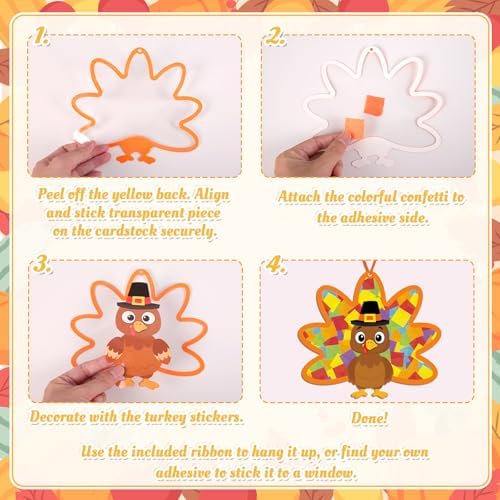 Renbuzhu 36PCS Thanksgiving Crafts Bulk: Turkey Paper Suncatchers DIY Kit for Fall Activities Decorations, Window Stained Glass Effect Art Supplies