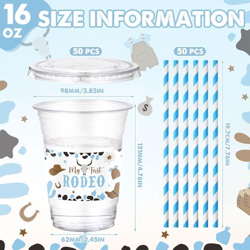Funnymoom 50 Sets First Rodeo Cowboy Party Supplies Blue Cowboy Plastic Cups with Lids and Straws 16 oz Clear Disposable Drinking Cups Bulk for Western Baby Shower 1st Birthday Party Supplies