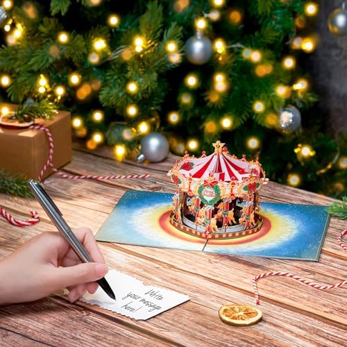 POPWOW Christmas Merry-Go-Round Pop Up Card, Merry Xmas, Reindeers, Wreath, 3D Popup Greeting Cards, Gifts for Women, Men, Kid, Boy, Girl, Sister, 5x7 - Includes Envelope And Message Note