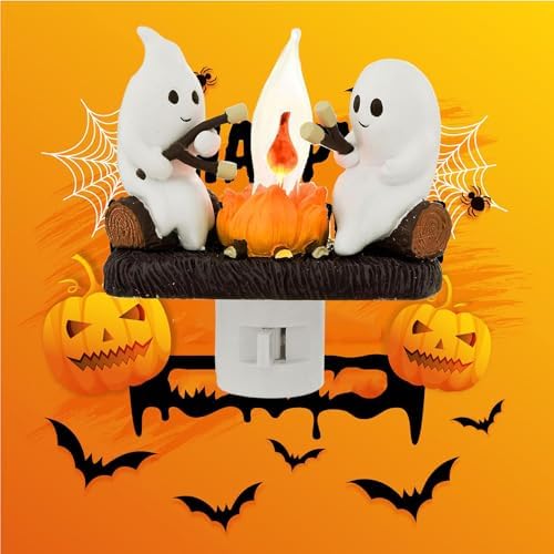Halloween Ghost Campfire Night Light,Plug-in Wall Flickering Flame Nightlight,3D Cute Spooky Marshmallow Ghost Decoration for Bedroom,Spooky Season Home Halloween Decor for Kids Adults (Purple)