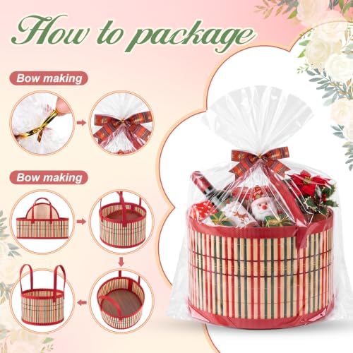 Weysat 6 Set Baskets for Gifts Empty Bulk, Large Woven Bamboo Gift Basket Kit with Handles, Bow, Wrap Bag to Fill for Raffle Thanksgiving Day Wedding Birthdays Party Wrapping (Red and Green)