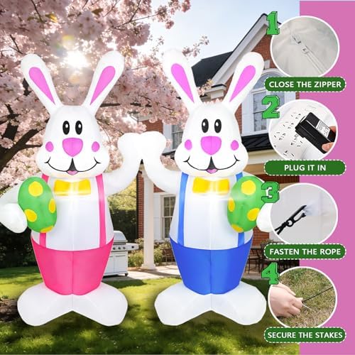 Set of 2PCS, 6.2FT H Lovely Spring Inflatable Bunnies Holding Easter Egg, Easter Bunny Blow up Yard Decorations Giant Bunny for Holiday Party Indoor Outdoor Decorations