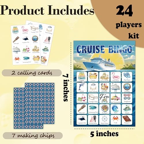 Cruise Bingo Game Cards for Adults, Cruise Vacation Bingo Cards Game for Family Holidays Friends Gatherings, Ideal for Cruise Themed Party Game, 24 Players Birthday Party supplies Favors, 002