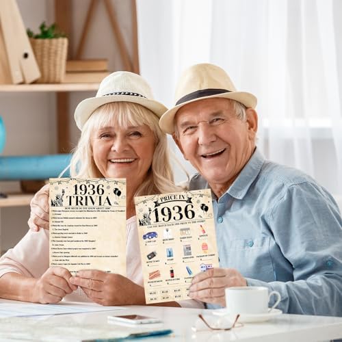 70Pcs 90th Birthday Party Games Born In 1936 Fun 1936 Trivia Music Slang Books Game Double-Sided Game Cards Vintage 90th Birthday Party Supplies for 90 Year Old Activity Anniversary Class Reunion