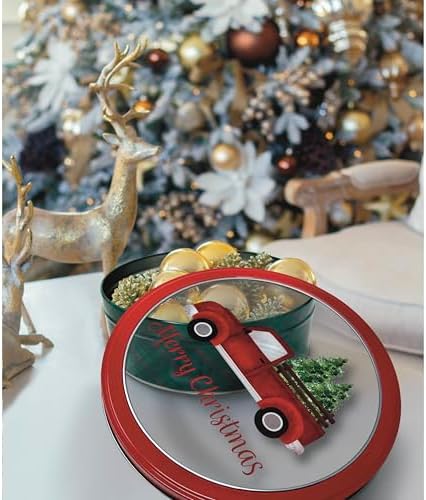 DAHO Christmas Holiday Cookie Tin Containers with Window, 3pc Nested Set, Holiday Cookie Tins with Lid for Gift Giving, Cookie, Treats, Cookies Party Favor and Gifts (Truck, Round Shape)