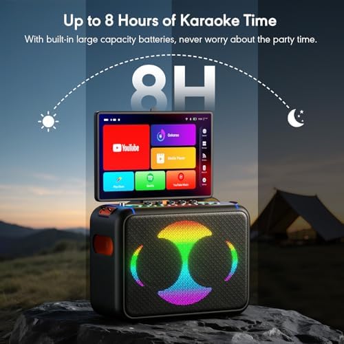 Smart Karaoke Machine with 14.0'' Touch Screen, Lyrics Display & Pre-Install Karaoke APP, Up to 600W Party Speaker and Dual Wireless Mics, Portable for Home & Outdoor