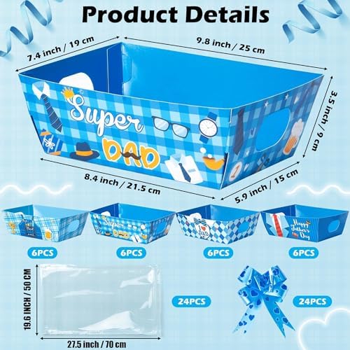 OSNIE Dad Empty Gift Baskets for Father's Day - 24 Sets Happy Father’s Day Blue Basket Bulkor Gifts Empty with Cellophane Basket Bags Ribbons Bows, Dad Theme Party Favors for Anniversary Birthday
