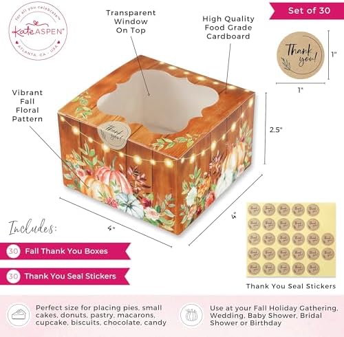 Fall Cookie Boxes with Window and Decorative Seal Sticker (Set of 30), Treat Boxes For Desserts, Party Favors For Guests