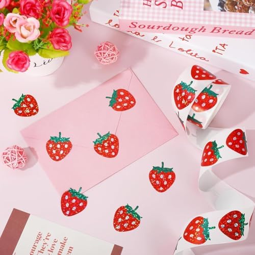 500Pcs Holographic Strawberry Stickers for Kids 1in Laser Waterproof Sticker Roll Red Strawberry Self-Adhesive Sticker Rolls for Bottle Scrapbook Journal Envelope Decorations