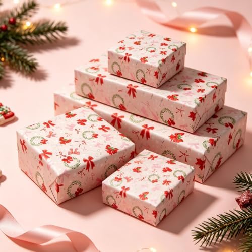 Cuitpan Pink Christmas Bow Wrapping Paper - 4 Jumbo Sheets, 28 * 40 Inches - Xmas Gift Wrap with Festive Ribbon Bow & Mini Wreath Pattern, Cute Holiday Gift for Women, Girls & Children