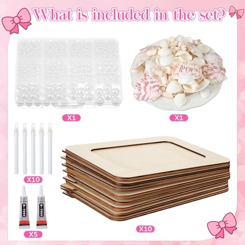 Yousoontic 10 Sets 4" X 6" Wood DIY Photo Frame Kit with Shells Pearls Glue