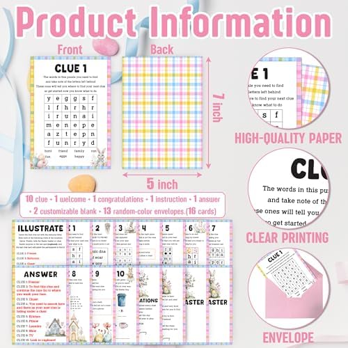 Easter Scavenger Hunt Games, Easter Treasure Hunt Clues Game Cards, Family Party Games for Kids and Adults, Holiday Party Game for Activities Decorations Supplies, 5x7 Inch (Indoor)-A02
