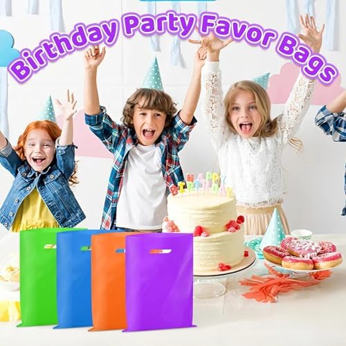 VieFantaisie 50 PCS Purple Party Favor Bags, 8" x 11" Goodie Bags for Candy Treat Craft Easter Egg, Plastic Gift Bag with Die Cut Handles for Birthday Party, School Events & Small Business, Wedding