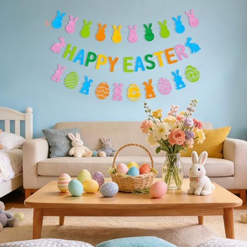 Easter Bunny Decorations Kit, 3 Pack Pre-Strung Glitter Banner Set with Happy Easter Banner, Bunny Egg Banner & Peeps Banner - Spring Easter Party Decorations for Indoor Home Decor