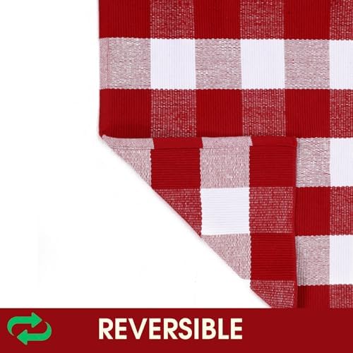 Christmas Red and White Plaid Rug, 28 x 43 Inches Cotton Hand-Woven Layered Door Mat for Front Porch, Entryway, Outdoor Holiday Decor, Washable Buffalo Check Rug for Home, Patio, Kitchen