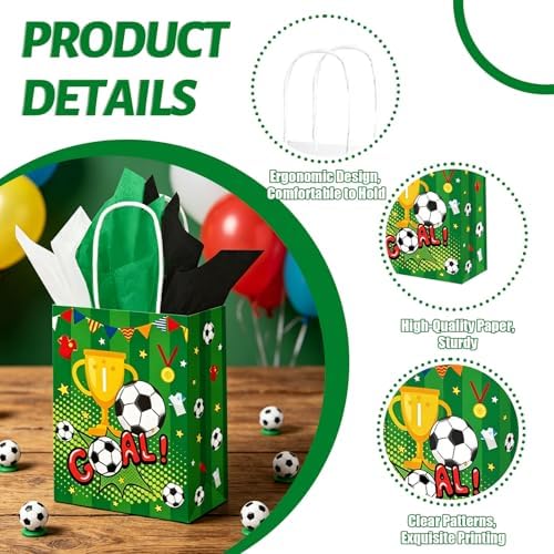 12 Pcs Soccer Goodie Bags with Handles, 2 Styles Soccer Snack Bags for Team, Soccer Snack Gift Bags for Birthday Game Day Sport Themed Party Supplies (8.3 × 6.3 × 3.1 in)