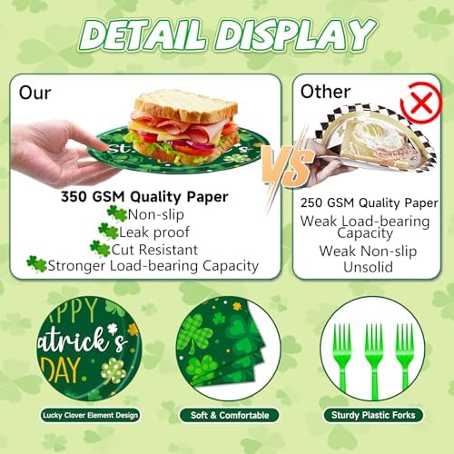 96 Pieces Happy St. Patrick's Day Plates and Napkins Tableware Set, Green Shamrock Lucky Disposable Dinnerware with Paper Plates, Napkins, and Forks for St Patrick Day Irish Party Supplies- Serves 24