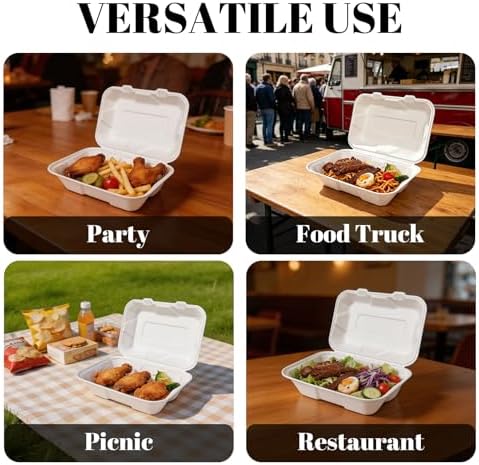 Lucklot 100 Pack 9×6 Inch White Compostable Bagasse Takeout Food Containers