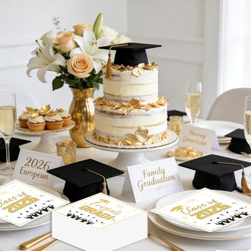 50 Pack Graduation Paper Napkins, Disposable White and Gold Graduation Napkins, Class of 2026 Napkins for Graduation Celebration Party Supplies