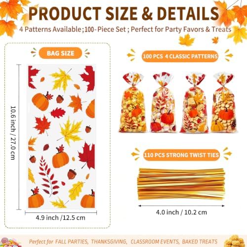 100Pcs Fall Cellophane Treat Bags, Thanksgiving Goodie Bags with Twist Ties