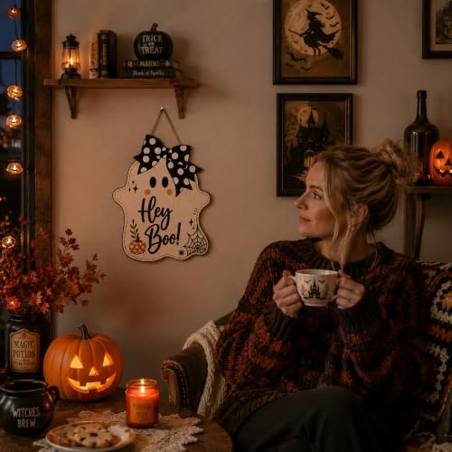 Halloween Party Decorations - Hey Boo Wooden Ghost Sign for Front Door