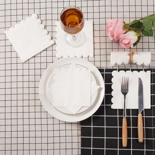 100 Pack Cocktail Napkin 2-Ply Scalloped Edged White Napkins 5 x 5IN