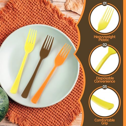 Kochorie 180 Pcs Fall Plastic Forks Thanksgiving Disposable Silverware Heavy Duty Plastic Cutlery Set Heat Resistant Utensils Flatware for Birthday Thanksgiving Party Supplies, Yellow, Orange, Brown
