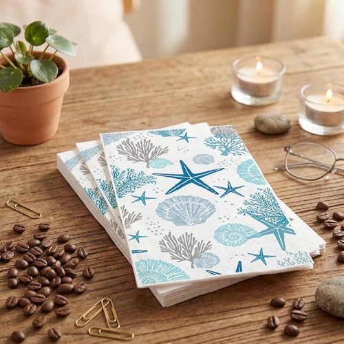 200 Pcs Coastal Beach Paper Napkins Disposable Hand Towels Blue Starfish Seashell Coral Nautical Ocean Guest Napkins for Bathroom Wedding Summer Guest Napkin Party Decor
