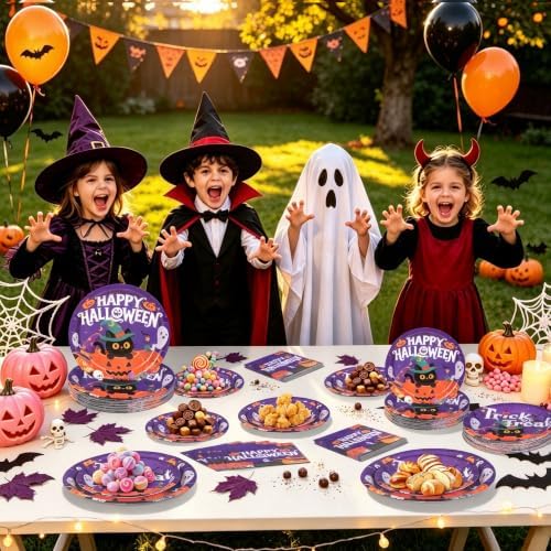 100 Pcs Purper Halloween Plates and Napkins Set Party Supplies Serve 25