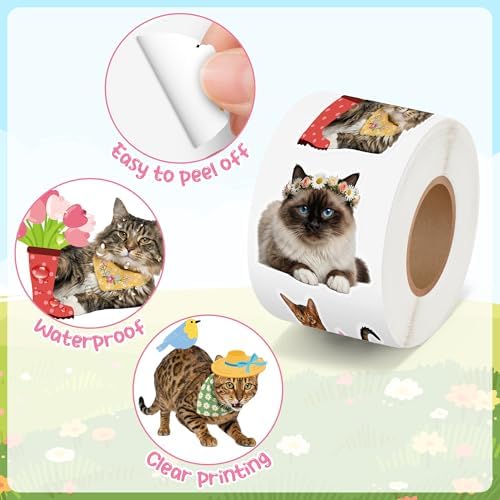 H1vojoxo Summer Cat Sticker Rolls - 1000PCS Summer Realistic Cat Stickers for Kids 16 Designs Cute Flowers Dress Up Cats Sticker for Craft Water Bottle Self-Adhesive Funny Cat Stickers for Envelope