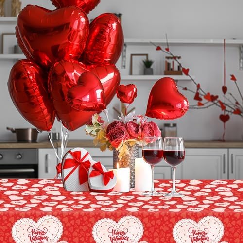 Valentines Day Tablecloth, Classic Red and White Lace-Heart Plastic Rectangle Disposable Valentine Tablecloth, Valentines Decorations for Party, Romantic Valentines Decor 54 x 108 Inch, 3 Pack