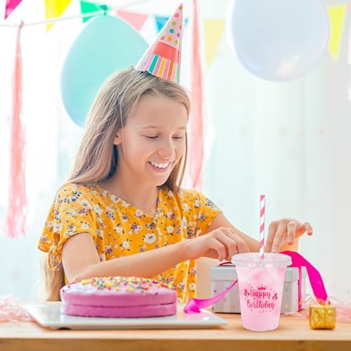 Whaline 50 Pcs 12 Oz Happy Birthday Disposable Plastic Cups with Lids and Straws Hot Pink Cold Beverage Drinking Cups for Home Kitchen Birthday Party Supplies
